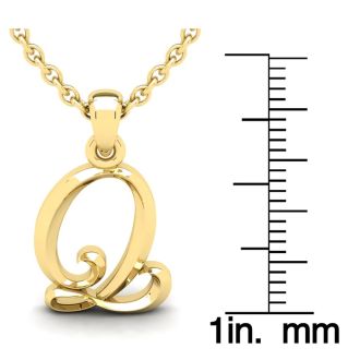 Letter Q Swirly Initial Necklace In Heavy 14K Yellow Gold With Free 18 Inch Cable Chain