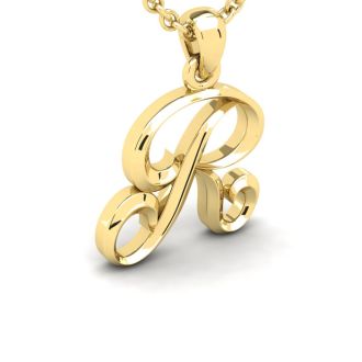 Letter R Swirly Initial Necklace In Heavy 14K Yellow Gold With Free 18 Inch Cable Chain