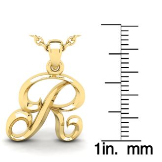 Letter R Swirly Initial Necklace In Heavy 14K Yellow Gold With Free 18 Inch Cable Chain