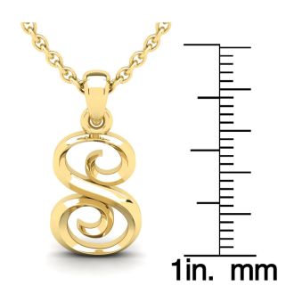 Letter S Swirly Initial Necklace In Heavy 14K Yellow Gold With Free 18 Inch Cable Chain