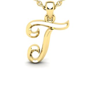 Letter T Swirly Initial Necklace In Heavy 14K Yellow Gold With Free 18 Inch Cable Chain
