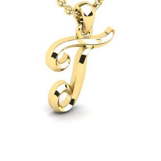 Letter T Swirly Initial Necklace In Heavy 14K Yellow Gold With Free 18 Inch Cable Chain