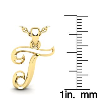 Letter T Swirly Initial Necklace In Heavy 14K Yellow Gold With Free 18 Inch Cable Chain