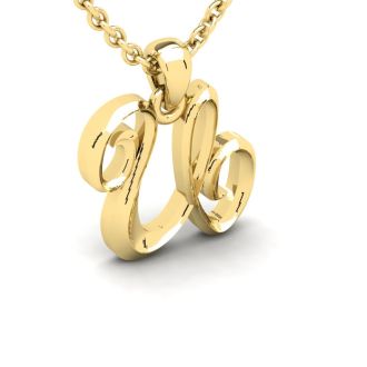 Letter U Swirly Initial Necklace In Heavy 14K Yellow Gold With Free 18 Inch Cable Chain