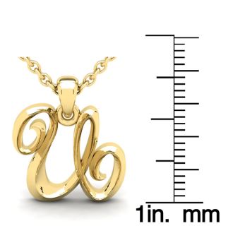 Letter U Swirly Initial Necklace In Heavy 14K Yellow Gold With Free 18 Inch Cable Chain