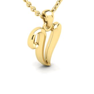 Letter V Swirly Initial Necklace In Heavy 14K Yellow Gold With Free 18 Inch Cable Chain