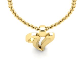 Letter V Swirly Initial Necklace In Heavy 14K Yellow Gold With Free 18 Inch Cable Chain