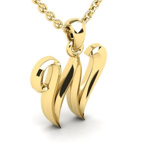 Letter W Swirly Initial Necklace In Heavy 14K Yellow Gold With Free 18 Inch Cable Chain