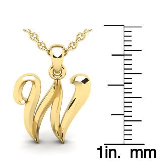Letter W Swirly Initial Necklace In Heavy 14K Yellow Gold With Free 18 Inch Cable Chain