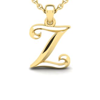 Letter Z Swirly Initial Necklace In Heavy 14K Yellow Gold With Free 18 Inch Cable Chain