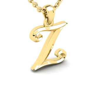 Letter Z Swirly Initial Necklace In Heavy 14K Yellow Gold With Free 18 Inch Cable Chain