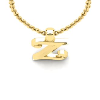 Letter Z Swirly Initial Necklace In Heavy 14K Yellow Gold With Free 18 Inch Cable Chain