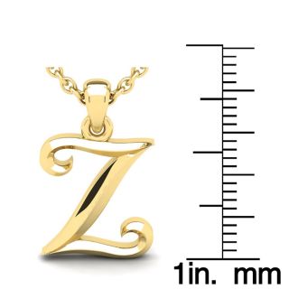 Letter Z Swirly Initial Necklace In Heavy 14K Yellow Gold With Free 18 Inch Cable Chain
