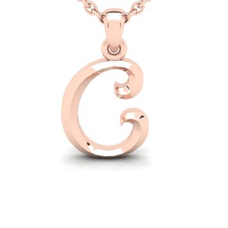 Letter C Swirly Initial Necklace In Heavy 14K Rose Gold With Free 18 Inch Cable Chain