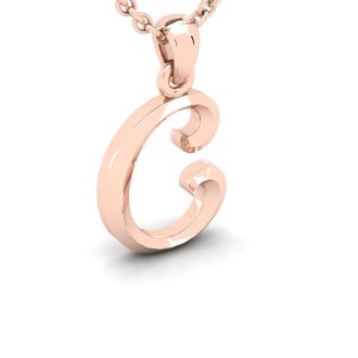 Letter C Swirly Initial Necklace In Heavy 14K Rose Gold With Free 18 Inch Cable Chain