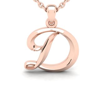 Letter D Swirly Initial Necklace In Heavy 14K Rose Gold With Free 18 Inch Cable Chain