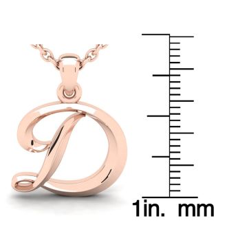Letter D Swirly Initial Necklace In Heavy 14K Rose Gold With Free 18 Inch Cable Chain