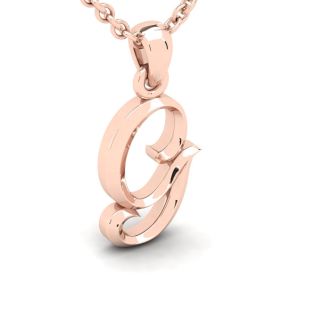 Letter G Swirly Initial Necklace In Heavy 14K Rose Gold With Free 18 Inch Cable Chain
