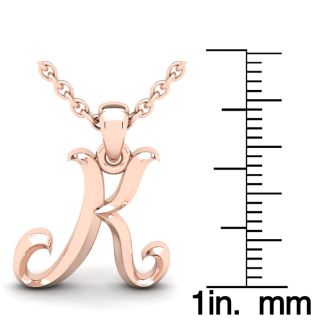 Letter K Swirly Initial Necklace In Heavy 14K Rose Gold With Free 18 Inch Cable Chain