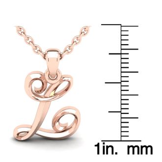 Letter L Swirly Initial Necklace In Heavy 14K Rose Gold With Free 18 Inch Cable Chain