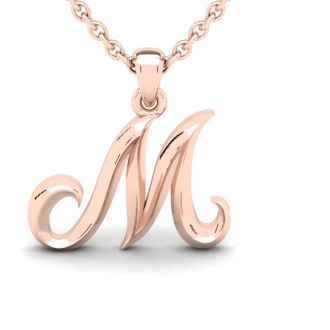 Letter M Swirly Initial Necklace In Heavy 14K Rose Gold With Free 18 Inch Cable Chain