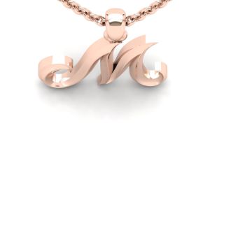 Letter M Swirly Initial Necklace In Heavy 14K Rose Gold With Free 18 Inch Cable Chain