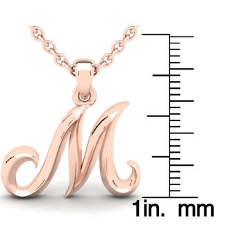 Letter M Swirly Initial Necklace In Heavy 14K Rose Gold With Free 18 Inch Cable Chain