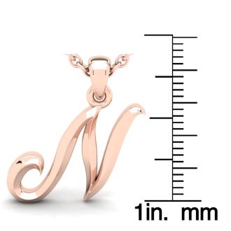Letter N Swirly Initial Necklace In Heavy 14K Rose Gold With Free 18 Inch Cable Chain