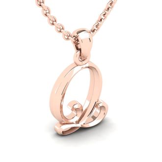 Letter Q Swirly Initial Necklace In Heavy 14K Rose Gold With Free 18 Inch Cable Chain
