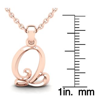 Letter Q Swirly Initial Necklace In Heavy 14K Rose Gold With Free 18 Inch Cable Chain