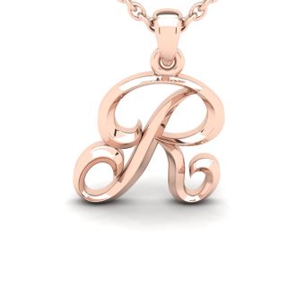 Letter R Swirly Initial Necklace In Heavy 14K Rose Gold With Free 18 Inch Cable Chain