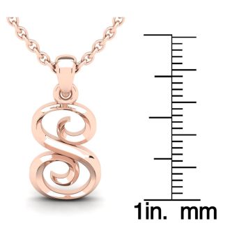 Letter S Swirly Initial Necklace In Heavy 14K Rose Gold With Free 18 Inch Cable Chain