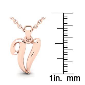 Letter V Swirly Initial Necklace In Heavy 14K Rose Gold With Free 18 Inch Cable Chain