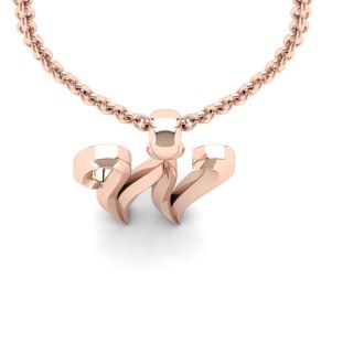 Letter W Swirly Initial Necklace In Heavy 14K Rose Gold With Free 18 Inch Cable Chain