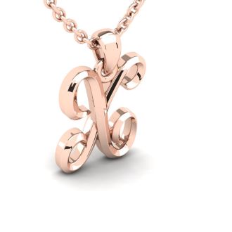 Letter X Swirly Initial Necklace In Heavy 14K Rose Gold With Free 18 Inch Cable Chain