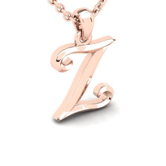 Letter Z Swirly Initial Necklace In Heavy 14K Rose Gold With Free 18 Inch Cable Chain