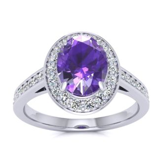 1 1/3 Carat Oval Shape Amethyst and Halo Diamond Ring In 14 Karat White Gold