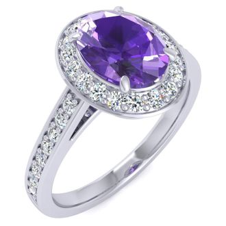 1 1/3 Carat Oval Shape Amethyst and Halo Diamond Ring In 14 Karat White Gold