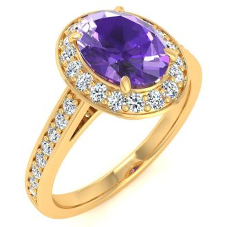 1 1/3 Carat Oval Shape Amethyst and Halo Diamond Ring In 14 Karat Yellow Gold