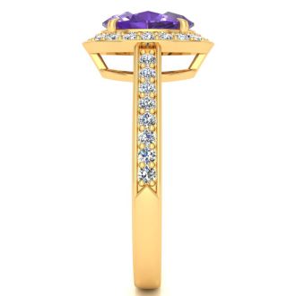 1 1/3 Carat Oval Shape Amethyst and Halo Diamond Ring In 14 Karat Yellow Gold