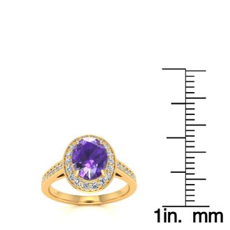 1 1/3 Carat Oval Shape Amethyst and Halo Diamond Ring In 14 Karat Yellow Gold