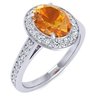 1 1/3 Carat Oval Shape Citrine and Halo Diamond Ring In 14 Karat White Gold