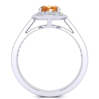 1 1/3 Carat Oval Shape Citrine and Halo Diamond Ring In 14 Karat White Gold