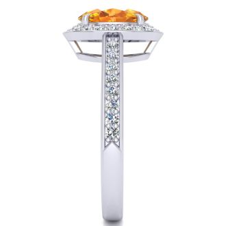 1 1/3 Carat Oval Shape Citrine and Halo Diamond Ring In 14 Karat White Gold