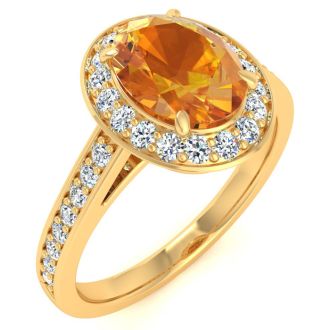 1 1/3 Carat Oval Shape Citrine and Halo Diamond Ring In 14 Karat Yellow Gold