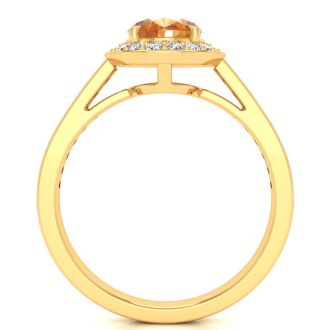 1 1/3 Carat Oval Shape Citrine and Halo Diamond Ring In 14 Karat Yellow Gold
