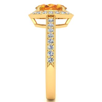 1 1/3 Carat Oval Shape Citrine and Halo Diamond Ring In 14 Karat Yellow Gold