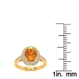 1 1/3 Carat Oval Shape Citrine and Halo Diamond Ring In 14 Karat Yellow Gold