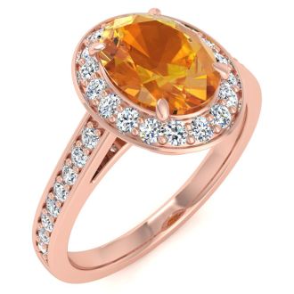 1 1/3 Carat Oval Shape Citrine and Halo Diamond Ring In 14 Karat Rose Gold