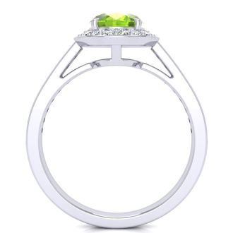 1 1/2 Carat Oval Shape Peridot and Halo Diamond Ring In 14 Karat White Gold